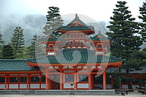 Kyoto temple in mist