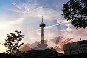 Kyoto tower and  cloud speedy in evening sun