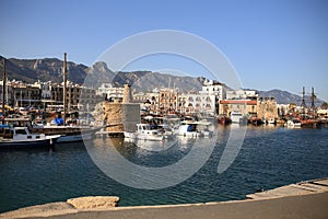 Kyrenia, Cyprus - March 07, 2020 : Kyrenia Harbour view. Kyrenia is popular tourist destination in Northern Cyprus