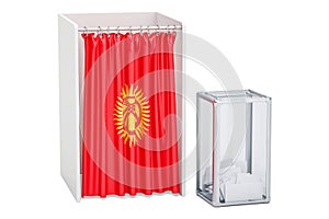 Kyrgyz election concept, ballot box and voting booths with flag