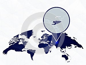 Kyrgyzstan detailed map highlighted on blue rounded World Map