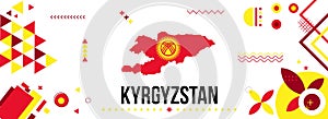 Kyrgyzstan national or independence day banner for country celebration. Map of Kyrgyzstan with modern retro design with typorgaphy