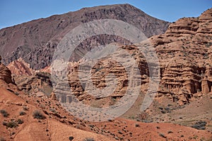 Kyrgyzstan nature, Konorchek Canyon valley. Red sandstone rocks, cliffs. Famous travel place, natural background