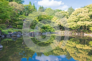 Kyu-Furukawa Gardens in Tokyo, Japan. The park includes an old western-style mansion with a rose