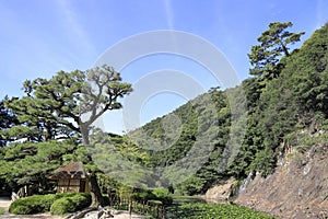 Kyu Higurashi teahouse and Okedoi waterfall in Ritsurin garden