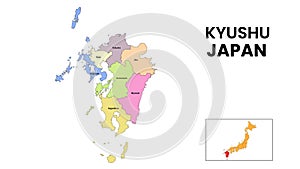Kyushu Map. State and district map of Kyushu. Detailed colourful map of Kyushu