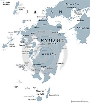 Kyushu, one of the five main islands of Japan, gray political map