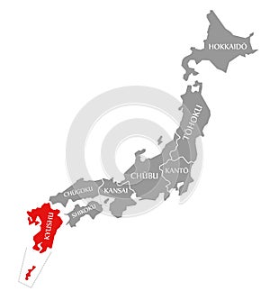 Kyushu red highlighted in map of Japan
