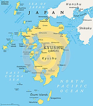 Kyushu, region of Japan, and one of five main islands, political map
