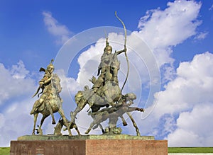 Kyzyl. Tuva. Russia. 06.28.21. Hunters. Sculpture on the embankment of the Yenisei River.