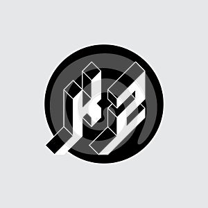 KZ or K2 - Original Three-dimension letters in a black circle. K and Z - monogram or logotype. Isometric 3d font for design