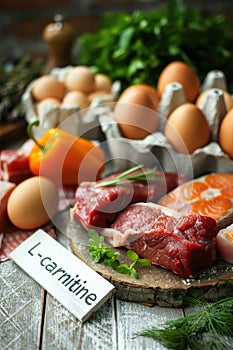 L-carnitine in food on the table. Selective focus.