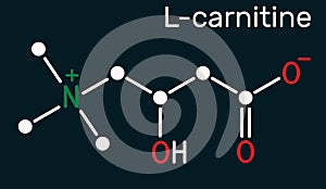 L-carnitine, Levocarnitine, Carnitine, C7H15NO3 molecule. Skeletal chemical formula