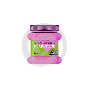 L-carnitine sport supplement in plastic jar container, flat vector isolated.