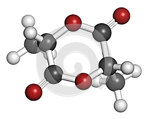 L-lactide PLA precursor molecule. Used in synthesis of polymeric polylactic acid polylactide, polylactate plastic.