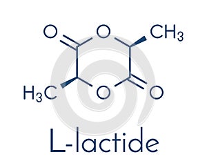 L-lactide PLA precursor molecule. Used in synthesis of polymeric polylactic acid polylactide, polylactate plastic. Skeletal.