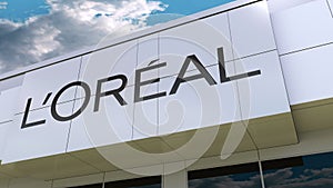 L`Oreal logo on the modern building facade. Editorial 3D rendering