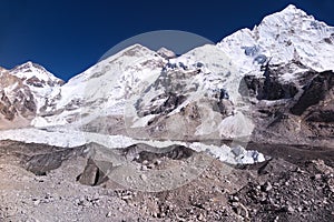 L to R: Partial view of Khumbtse, Everest west shoulder, Khumbu icefall, Everest summit in frame center & Nuptse, Nepal