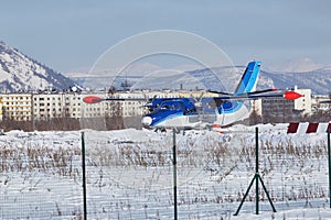 The L410 aircraft prepares for takeoff. Susuman city