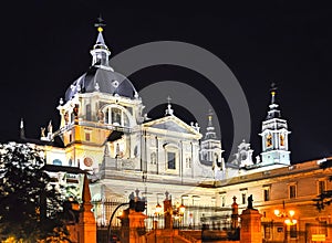 La Almudena Madrid Cathedral in center of Madrid at night, Spain