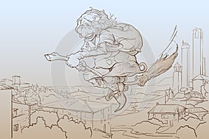 La Befana flying over San Gimignano Sketch photo