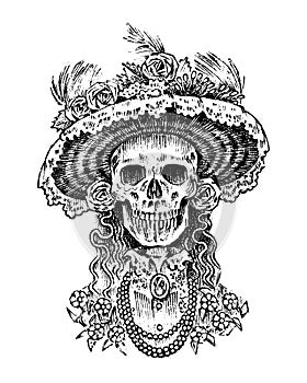 La Calavera Catrina. Elegant woman skeleton. Day of the dead. Spanish Dia de los Muertos. Mexican national holiday