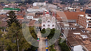 La Ceja, Antioquia - Colombia. March 9, 2024. Drone view of the basilica of Catholic worship photo