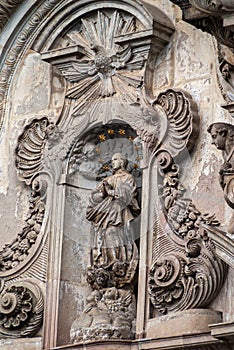 La Compania Church entrance with statue of female, Quito, Ecuador