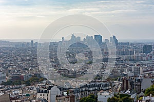 La defense business district in the haze aerial view in Paris