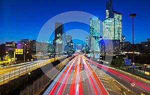 The La Defense business district at night, France.