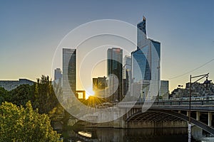 La Defense District in Paris at Sunset With Traffic and Seine