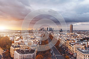 La Defense Financial District Paris France at sunset in autumn. Famous touristic places in Europe. European city travel concept