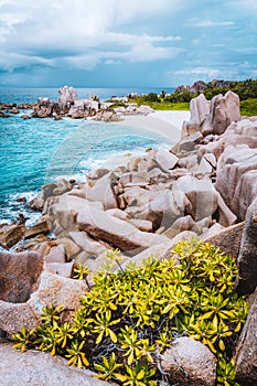 La Digue island coast, Seychelles. Hidden secluded remote beautiful beach in jungle