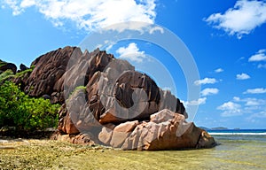 La Digue island, Indian ocean, Seychelles. Big granite rock on Anse Grosse Roche beach.