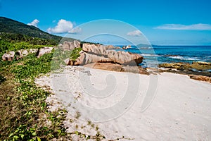 La Digue Island, Seychelles. Beautiful tropical landscape of remote secluded beach