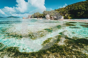 La Digue Island, Seychelles. World famous tropical beach Anse Source d'Argent with granite boulders