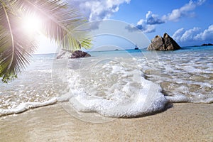 La Digue island, Seyshelles, Anse Source d'Argent. Sailing yacht