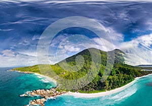 La Digue Island under a Blue Sky, Seychelles Aerial View