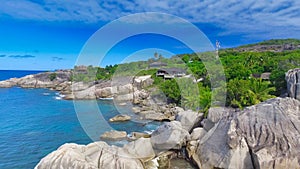 La Digue, Seychelles. Amazing aerial view on a beautiful sunny day