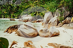 La Digue, Seychelles. Jungle hike trip around the island visiting hidden most remote secluded beautiful beach