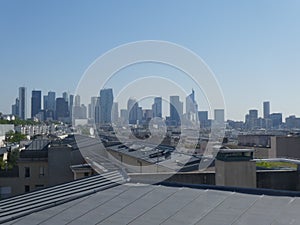 La DÃ©fense business district in a blue sky, Suresnes, France