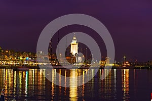 La Farola lighthouse against the dark sky, Malaga Port, Costa Del Sol, Spain photo