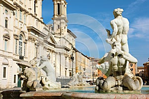 La Fontana del Moro or Moor Fountain at Piazza Navona square in Rome on a beautiful summer day, Rome, Italy
