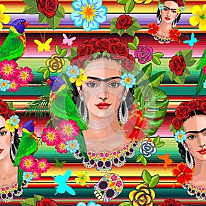 La Frida enigmatic Smile Floral Exotic Portrait Vector Seamless Repeat Pattern