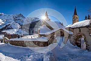 La Grave, Hautes-Alpes, Ecrins National Park, Alps, France: The local village of La Grave and its church in Winter