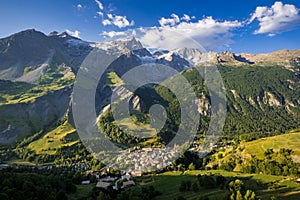 La Grave village with La Meije peak. Ecrins National Park, Hautes-Alpes, French Alps, France