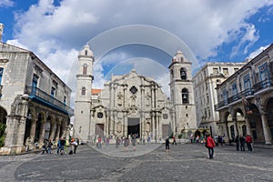 La Havana, Cuba, January 9, 2017: Cathedral outdooors in plaza vieja, La Havana. General Travel Imagery