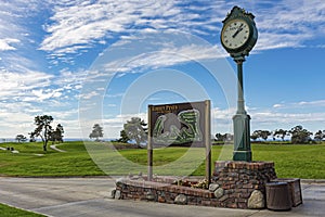 LA JOLLA, CALIFORNIA, USA - NOVEMBER 6, 2017: The South Course sign and map beside the Rolex clock on the first tee of Torrey Pine