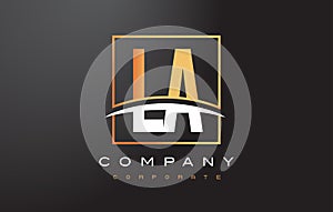 LA L A Golden Letter Logo Design with Gold Square and Swoosh.