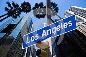 LA Los Angeles sign in redlight photo mount on downtown photo